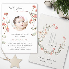Little Pink Flower Photo Baby Girl Birthday Invite Bedankkaart