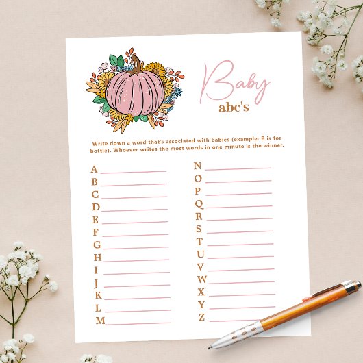 Little Pink Pumpkin ABCs Baby shower Party Game Flyer