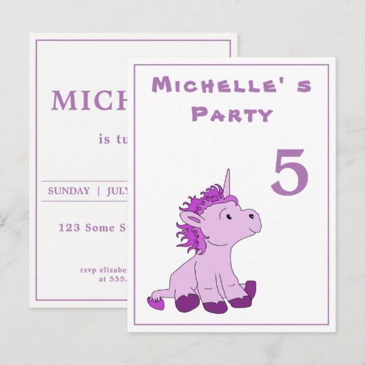 Little Pink Unicorn Birthday Party Invite Uitnodiging Briefkaart (Voorkant / Achterkant)