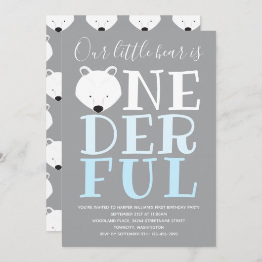 Little Polar Beer Wonderful One 1st Birthday Invit Kaart (Voorkant / Achterkant)