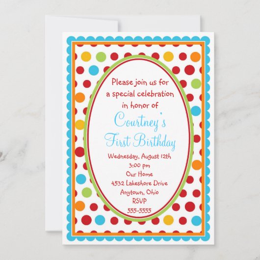  Little Polka Dots 1st Birthday Invitation Kaart (Voorkant)