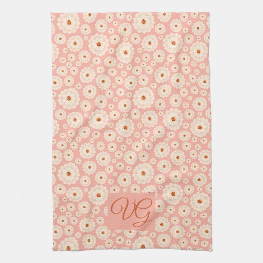 Little Powder Pink Flowers Monogram Kitchen Towel Theedoek (Verticaal)