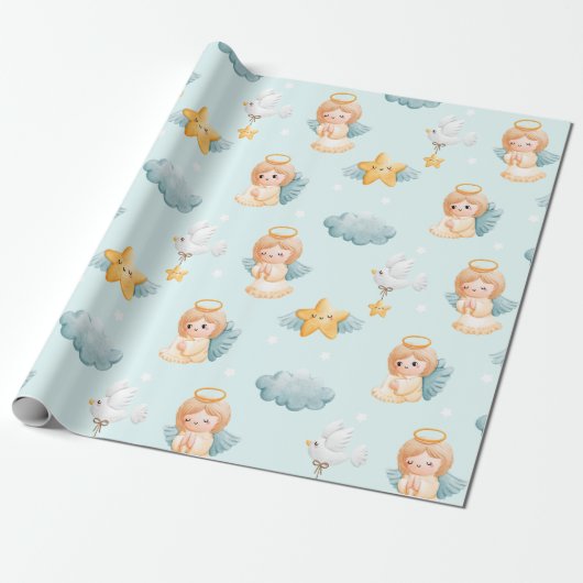 Little Praying Angel Girl Blue Cadeaupapier (Uitgerold)