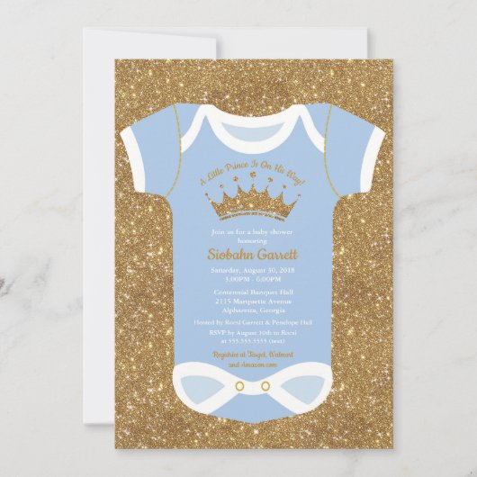 Little Prince Baby Blue & Royal Gold Baby shower Kaart (Voorkant)