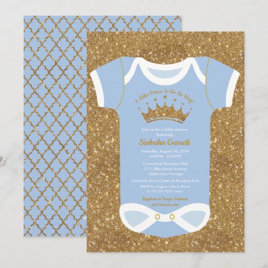 Little Prince Baby Blue & Royal Gold Baby shower Kaart (Voorkant / Achterkant)