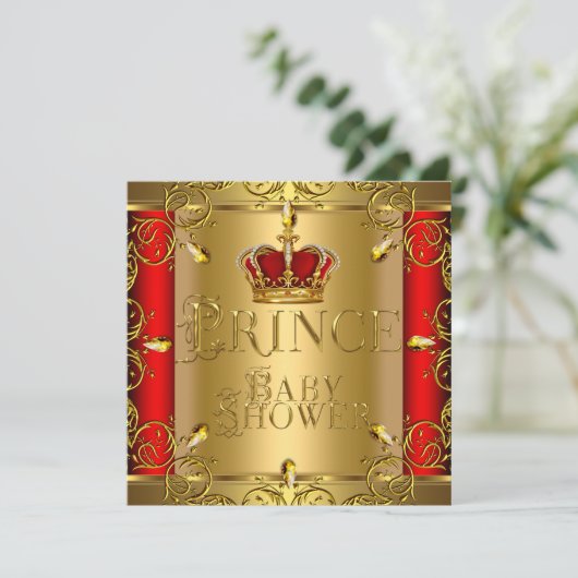 Little Prince Baby shower Boy Red Gold Crown Kaart (Staand voorkant)