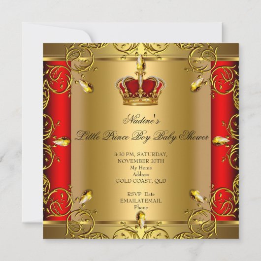 Little Prince Baby shower Boy Red Gold Crown Kaart (Achterkant)