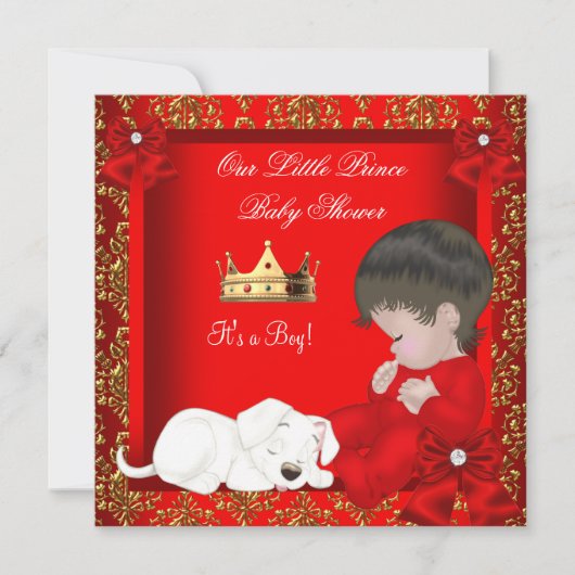 Little Prince Baby shower Boy Red Gold Damask Kaart (Voorkant)
