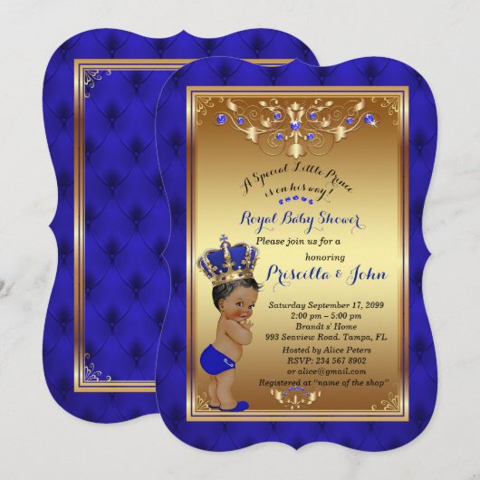 Little Prince Baby shower Invitation, blue Bracket Kaart (Voorkant / Achterkant)