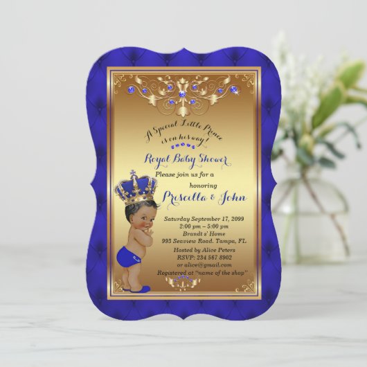 Little Prince Baby shower Invitation, blue Bracket Kaart (Staand voorkant)