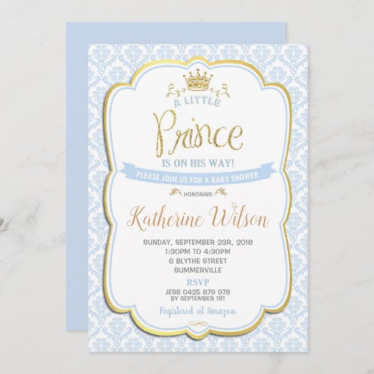 Little Prince Baby shower Invitation Boy Blue Kaart (Voorkant / Achterkant)