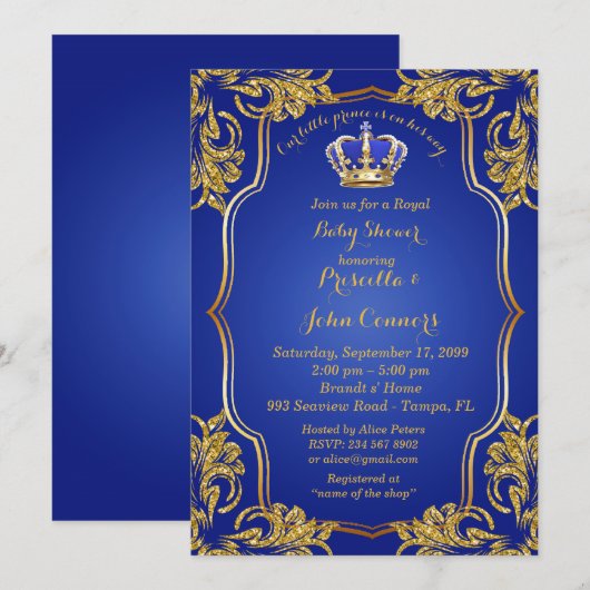Little Prince Baby shower Invitation, goud, blauw Kaart (Voorkant / Achterkant)