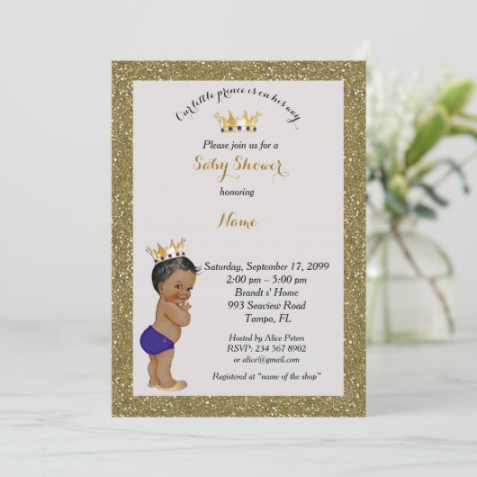 Little Prince Baby shower Invitation, goud, grijs Kaart (Staand voorkant)