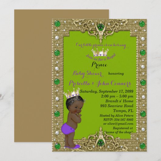 Little Prince Baby shower Invitation, goud, groen Kaart (Voorkant / Achterkant)