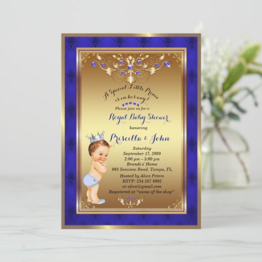 Little Prince Baby shower Invitation, Royal Blue 2 Kaart (Staand voorkant)