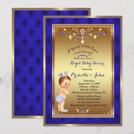Little Prince Baby shower Invitation, Royal Blue 2 Kaart (Voorkant / Achterkant)
