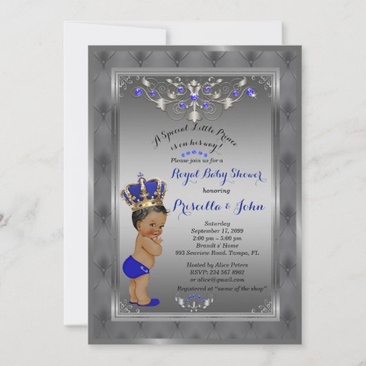 Little Prince Baby shower Invitation, Royal SILVER Kaart (Voorkant)