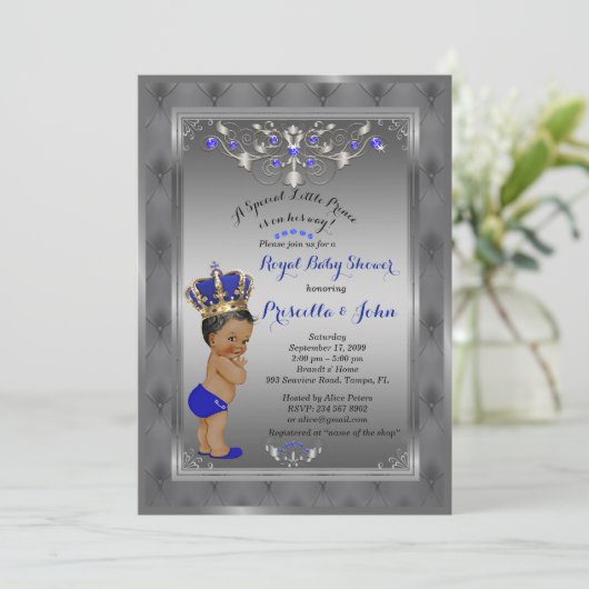 Little Prince Baby shower Invitation, Royal SILVER Kaart (Staand voorkant)
