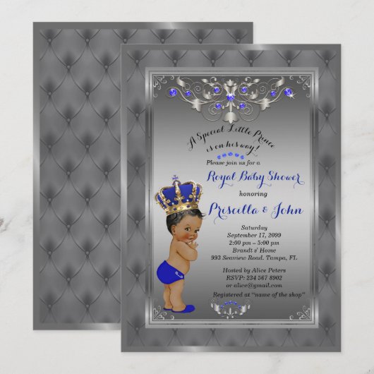 Little Prince Baby shower Invitation, Royal SILVER Kaart (Voorkant / Achterkant)