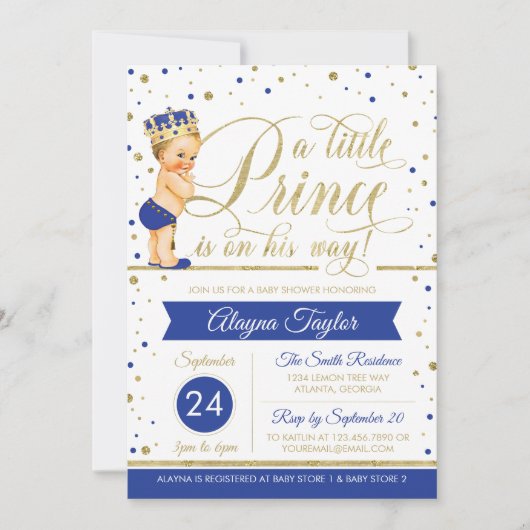 Little Prince Baby shower Invite, Faux Glitter Kaart (Voorkant)