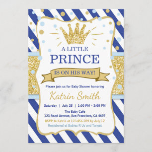 Little Prince Baby shower Invite Royal blue Gold Kaart
