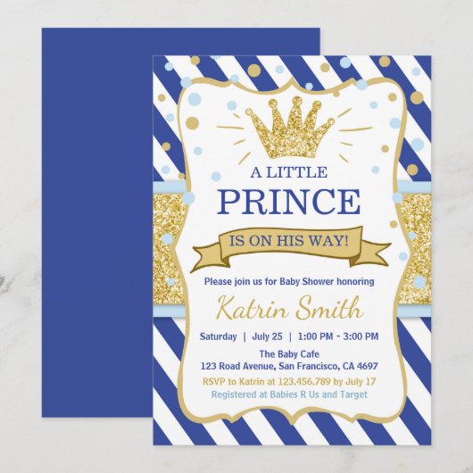 Little Prince Baby shower nodigt Royal Blue Gold u Kaart (Voorkant / Achterkant)