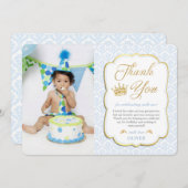 Little Prince Birthday Blue Damask Afbeelding Bedankkaart (Voorkant / Achterkant)