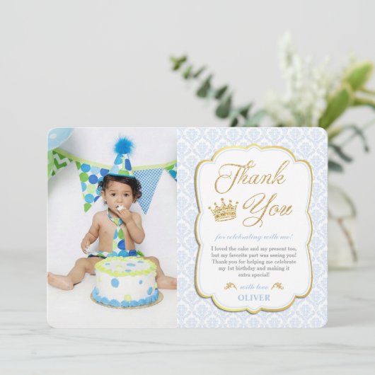 Little Prince Birthday Blue Damask Afbeelding Bedankkaart (Staand voorkant)