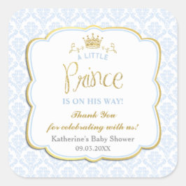 Little Prince Blue Damask Gold Crown Baby shower Vierkante Sticker