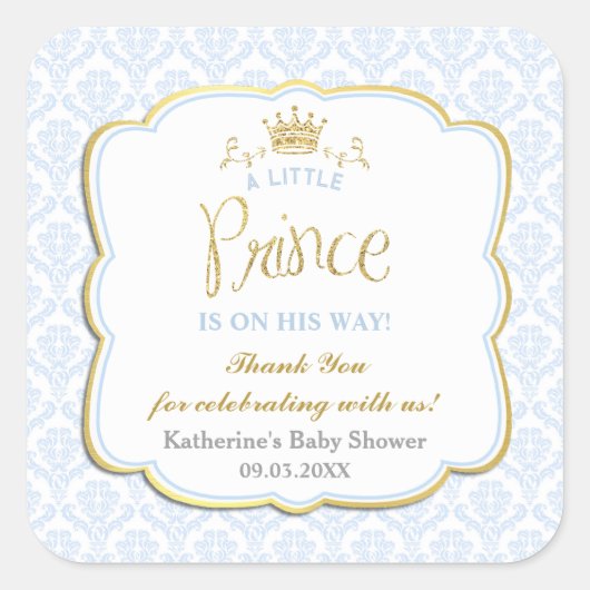 Little Prince Blue Damask Gold Crown Baby shower Vierkante Sticker (Voorkant)