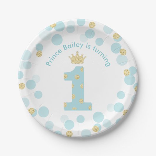 Little Prince Blue Gold 1st Birthday Party Papieren Bordje (Voorkant)