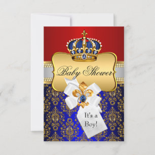 Little Prince Blue Red Crown Baby Shower Uitnodigi Kaart