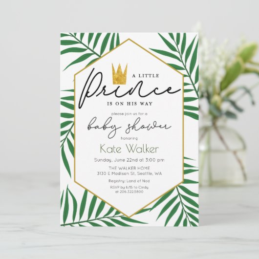 Little Prince Crown Leaf Baby shower Invitation Kaart (Staand voorkant)