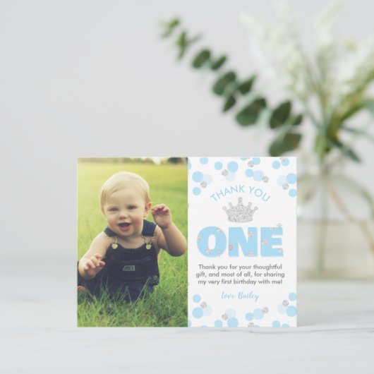 Little Prince First Birthday Light Silver Bedankkaart (Staand voorkant)