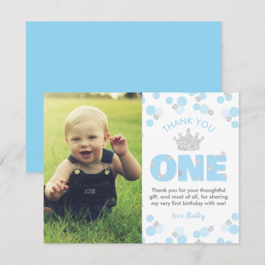 Little Prince First Birthday Light Silver Bedankkaart (Voorkant / Achterkant)