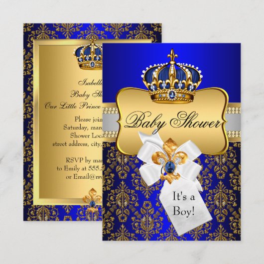Little Prince Gold Blue Crown Baby shower Invite Kaart (Voorkant / Achterkant)