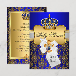 Little Prince Gold Blue Crown Baby shower Invite Kaart