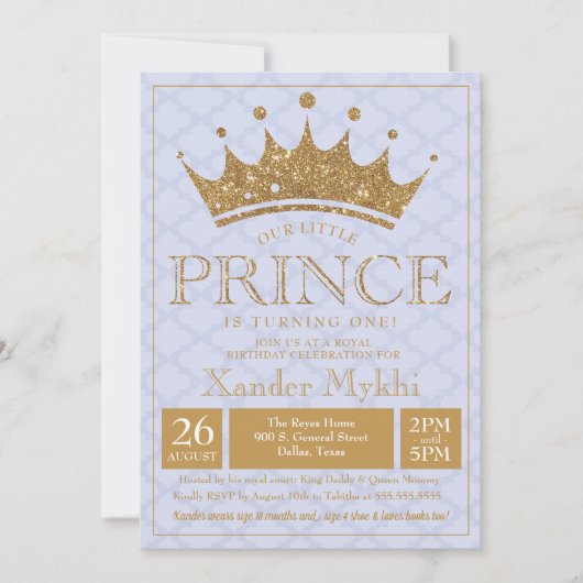 Little Prince Gold Crown Boy Birthday Invitation Kaart (Voorkant)
