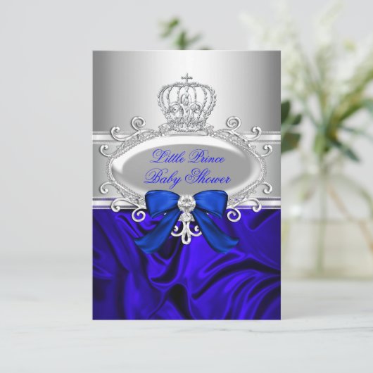 Little Prince Royal Blue Baby shower Invite Kaart (Staand voorkant)