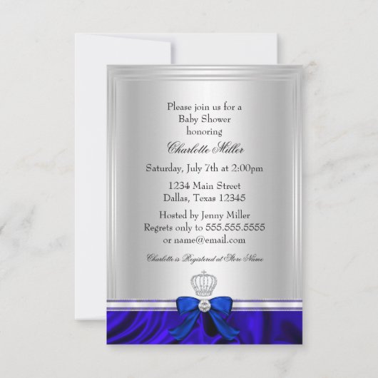 Little Prince Royal Blue Baby shower Invite Kaart (Achterkant)