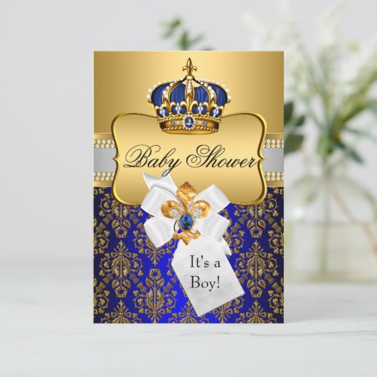 Little Prince Royal Blue Crown Baby shower Invite Kaart (Staand voorkant)