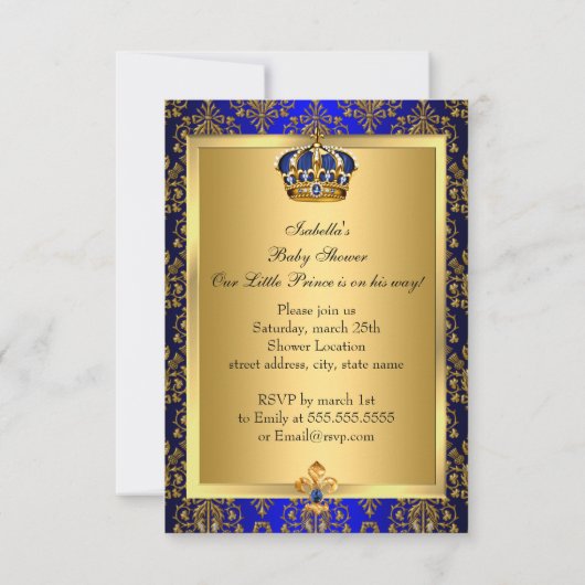 Little Prince Royal Blue Crown Baby shower Invite Kaart (Achterkant)