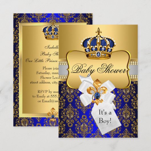 Little Prince Royal Blue Crown Baby shower Invite Kaart (Voorkant / Achterkant)