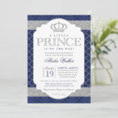 Little Prince Royal Blue en Silver Baby shower Kaart (Staand voorkant)