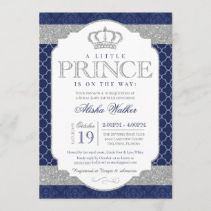Little Prince Royal Blue en Silver Baby shower Kaart