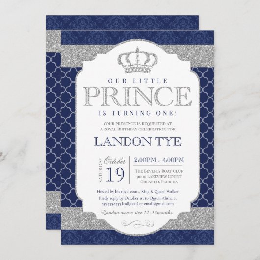 Little Prince Royal Blue en Silver Boys Birthday Kaart (Voorkant / Achterkant)