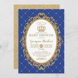 Little Prince Royal Blue Gold Baby shower Invite Kaart