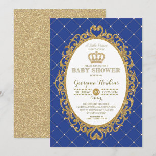 Little Prince Royal Blue Gold Baby shower Invite Kaart