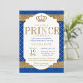 Little Prince Royal Blue Gold Baby shower Kaart (Staand voorkant)
