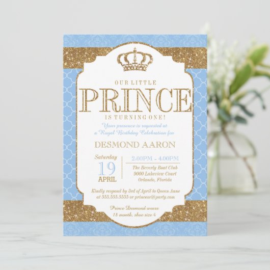 Little Prince Royal Blue Gold Birthday Kaart (Staand voorkant)